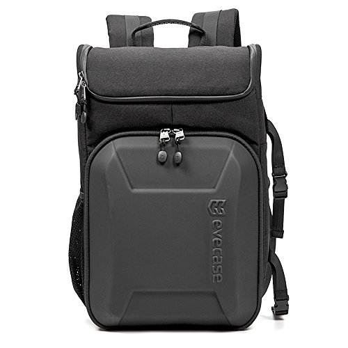 Evecase Shell DSLR Camera / 15.6-inch Laptop Water Resistant Backpack Travel Daypack w/ Rain Cover and Inner Bag for Nikon Canon Fujifilm Sony Digital SLR, Mirrorless Camera and More – Black