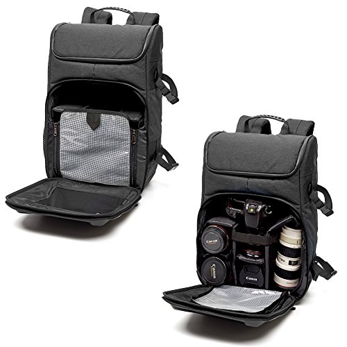 Evecase Shell DSLR Camera / 15.6-inch Laptop Water Resistant Backpack Travel Daypack w/ Rain Cover and Inner Bag for Nikon Canon Fujifilm Sony Digital SLR, Mirrorless Camera and More – Black